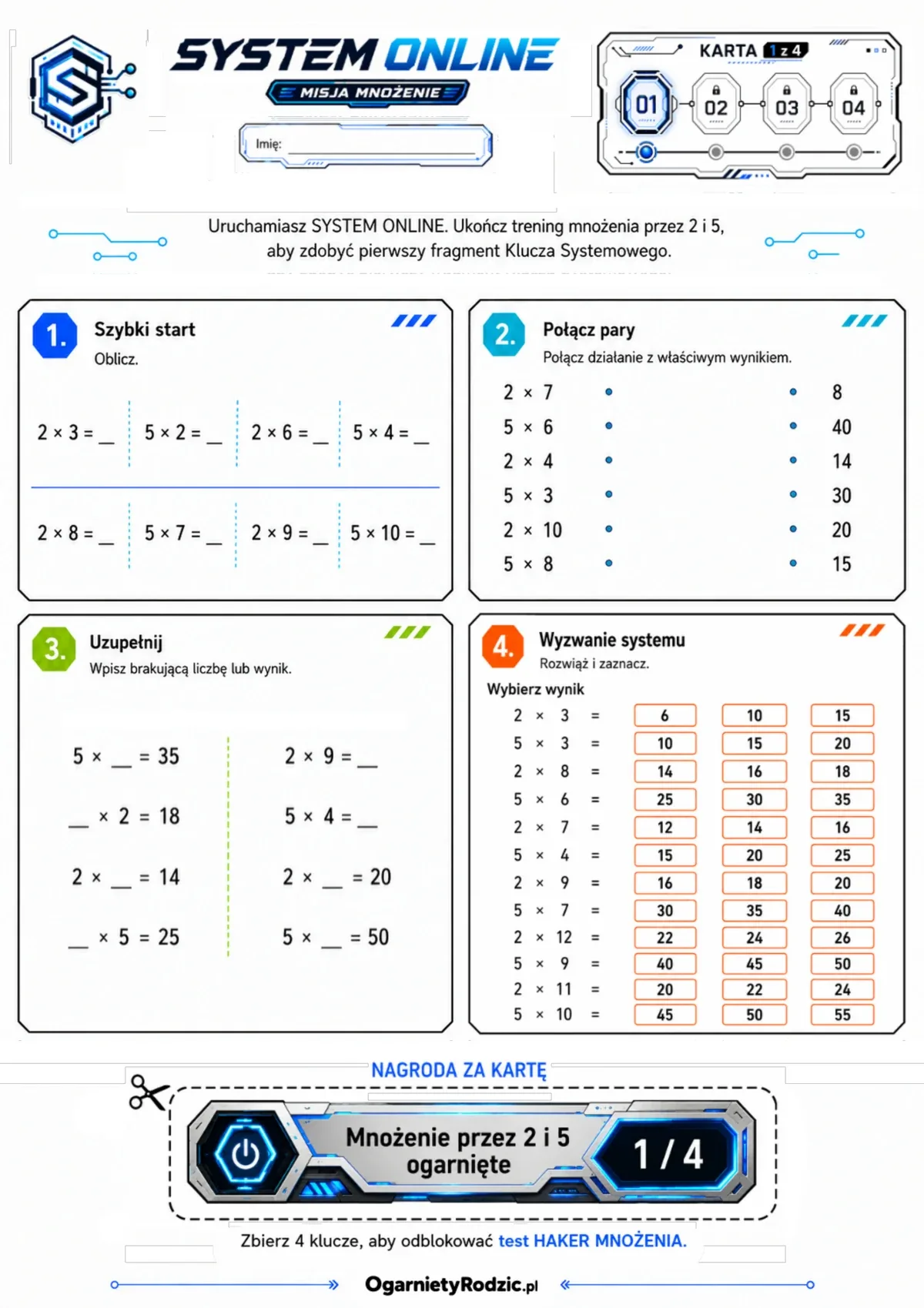 Karta pracy SYSTEM ONLINE Sektor 01 z ćwiczeniami mnożenia przez 2 i 5